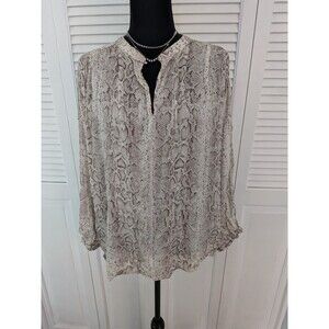 Grand & Green Top Women's L Tan Brown Python Snake Clip Dot Keyhole Neck Blouse